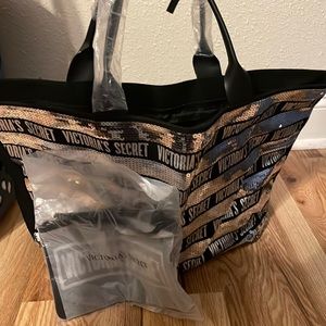 Silver sequin Victoria secret tote with matching zippered wristlet